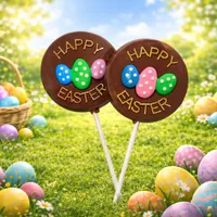 7cm round chocolate Easter lollipops with Happy Easter text and colorful decorated eggs
