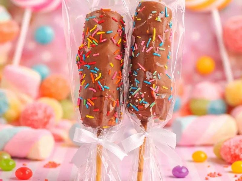 Colorful chocolate coated marshmallows on sticks with sprinkles in candy wonderland setting